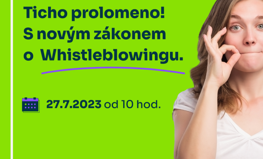 Grafika k webináři o zákoně o whistleblowingu s ženou naznačující ticho – symbol transparentnosti, firemní etiky a souladu s legislativou v rámci řešení Seyfor.