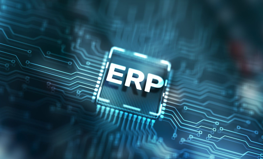 Detailný pohľad na procesor s nápisom ERP na pozadí digitálnych obvodov – symbol výkonného technologického jadra, integrácie podnikových procesov a stability riešení Seyfor.