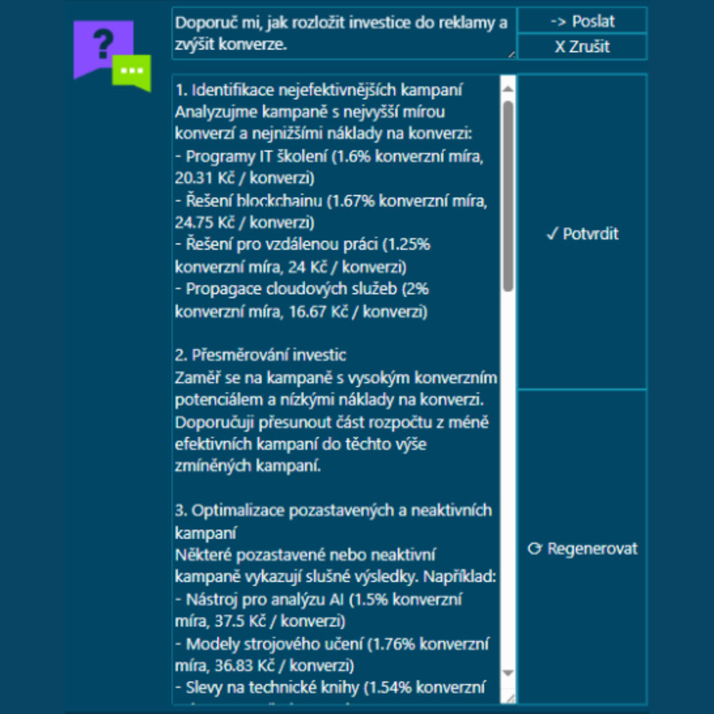 Digitální rozhraní v češtině s dotazem na rozložení investic do reklamy a odpovědí rozdělenou do tří sekcí, doplněné tlačítky „Poslat“ a „Zrušit“ a dvěma zaškrtávacími políčky