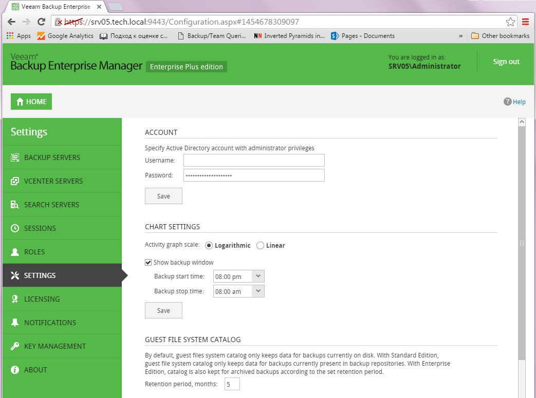 Nastavení zálohování ve Veeam Backup Enterprise Manageru pro správu přístupu a grafů