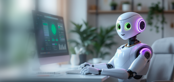 Robot pracující na počítači v moderní kanceláři, zobrazující data na monitoru