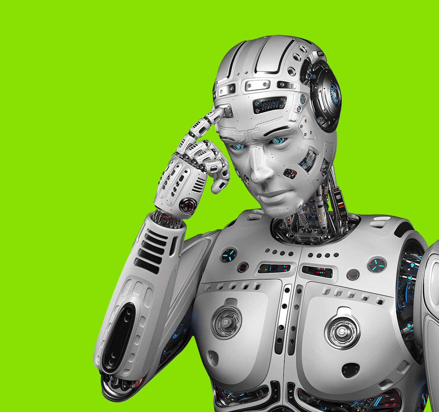 Robot v myšlenkovém gestu na zeleném pozadí jako vizuál umělé inteligence a technologií.