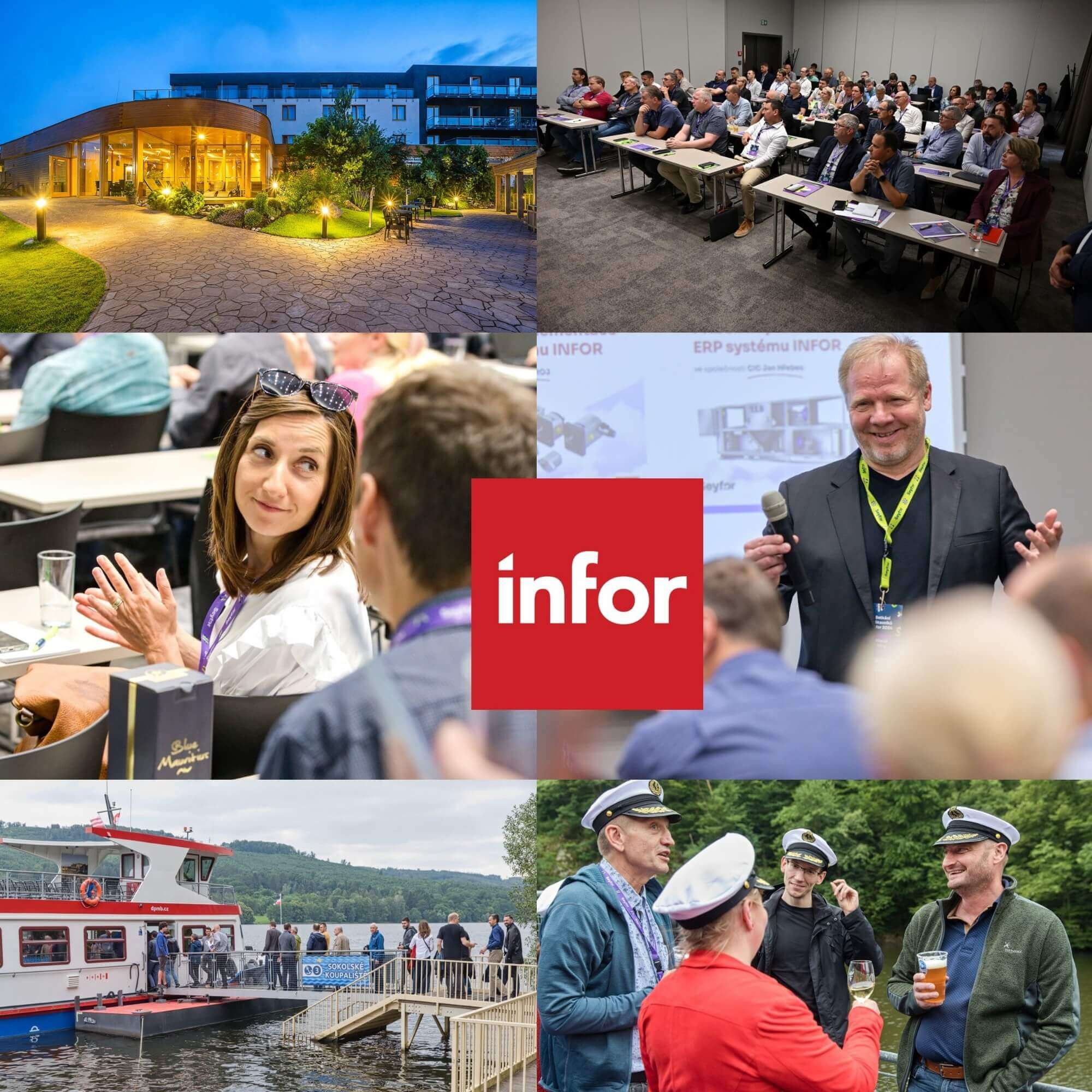 Koláž z firemní akce Infor: hotel Maximus, prezentace ERP, networking, loď Marta a neformální setkání