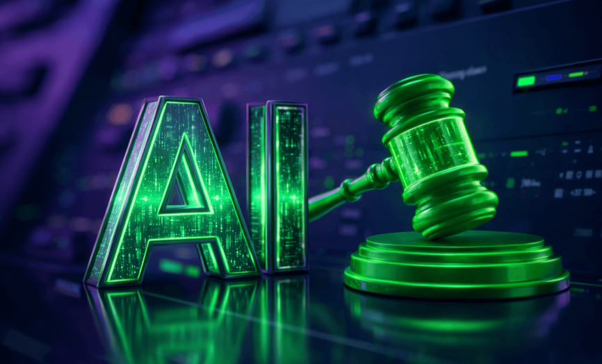 Svítící zelený 3D nápis AI vedle soudcovského kladívka na tmavém technologickém pozadí, symbolizující regulaci umělé inteligence.