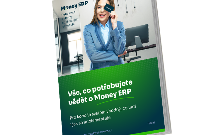 Obálka e-booku „Vše, co potřebujete vědět o Money ERP“ s ženou v kancelářském prostředí a titulkem o informačním systému Money ERP.