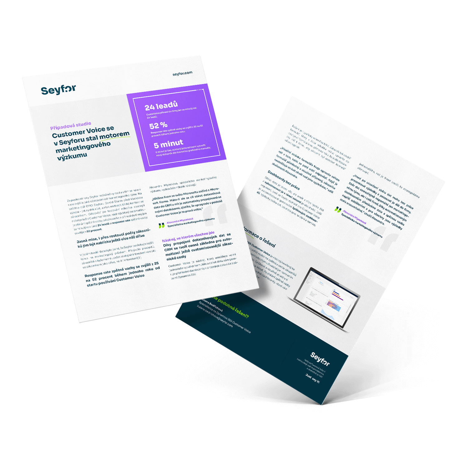 Ilustrační vizuál s tištěnou případovou studií Seyfor – profesionálně zpracovaný dokument s daty, textem a softwarovým screenshotem