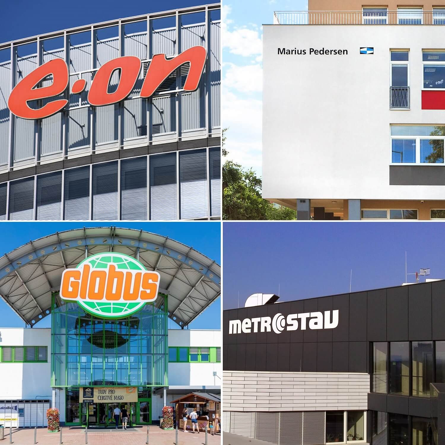 Koláž firemních budov: loga e.on, Marius Pedersen, Globus s nápisem „TUDY PRO ČERSTVÉ MASO“ a Metrostav