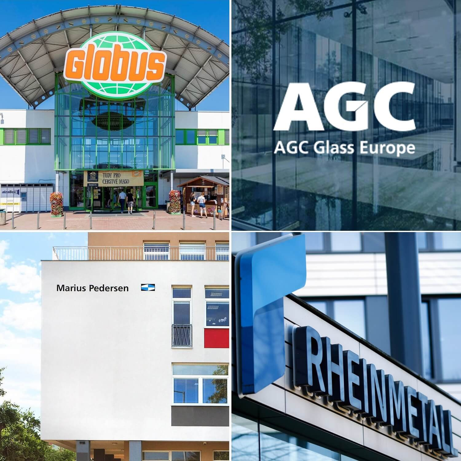 Koláž firemních exteriérů: Globus s nápisem „TUDY PRO ČERSTVÉ MASO“, AGC Glass Europe, Marius Pedersen, Rheinmetall