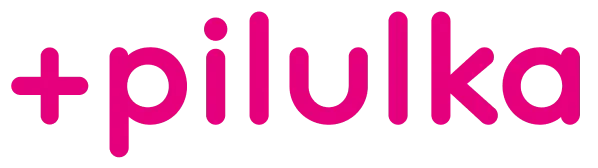 Logo Pilulka – růžový nápis s lékařským symbolem plus, moderní značka online lékárny