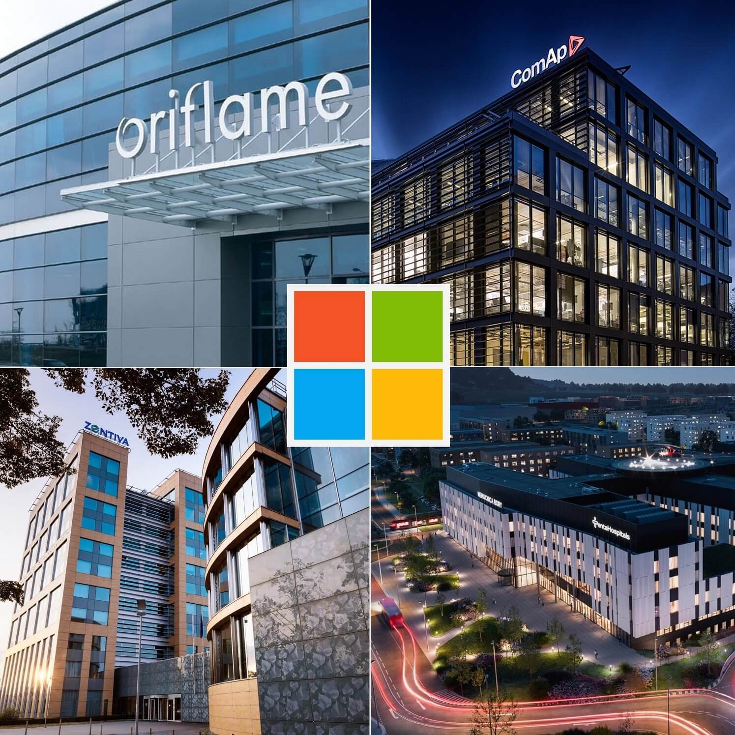 Koláž budov firem Oriflame, ComAp, Zentiva, Novartis a Roche s logem Microsoft uprostřed