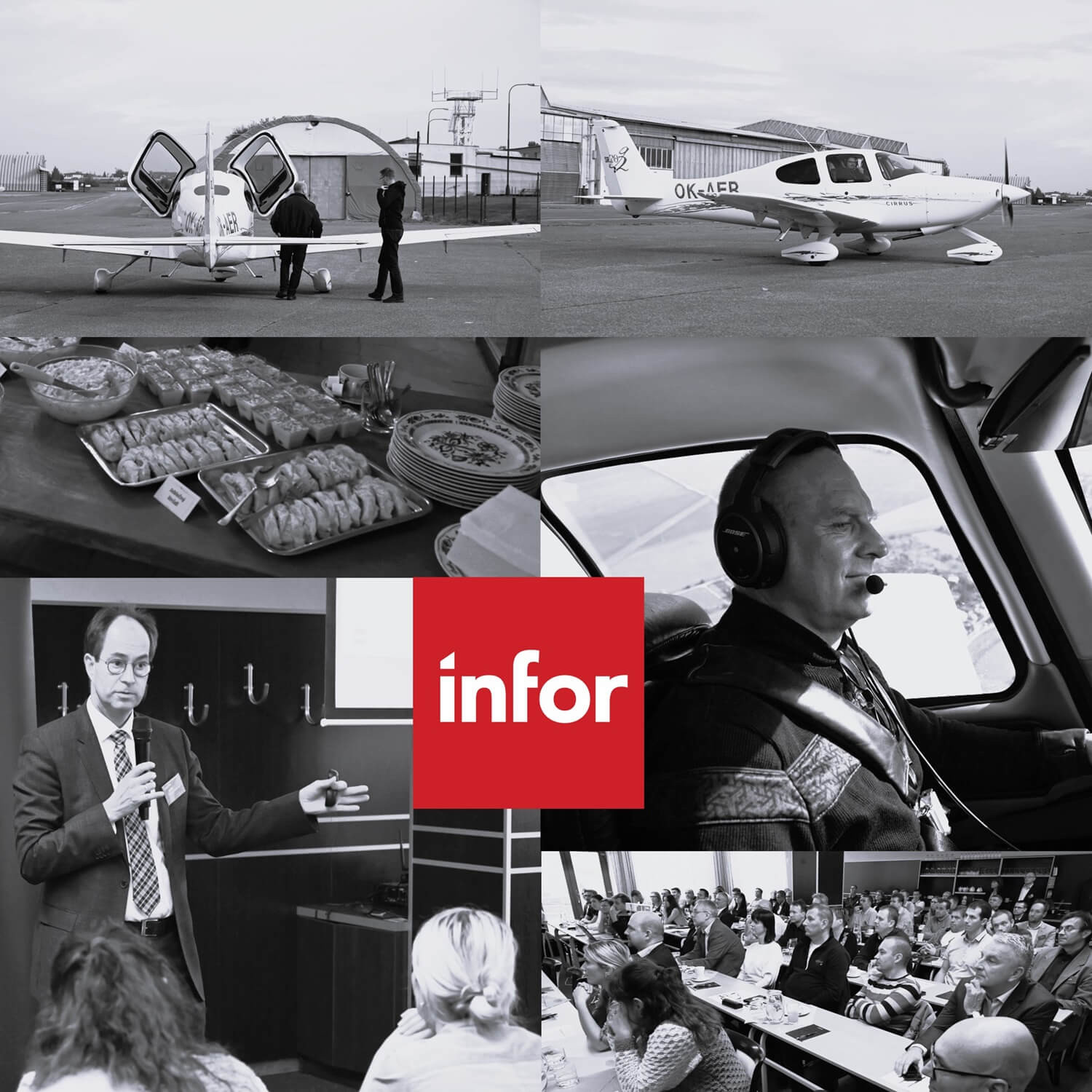 Koláž z letecké akce: letadla OK-AER, pilot v kokpitu, seminář, hudební vystoupení a občerstvení