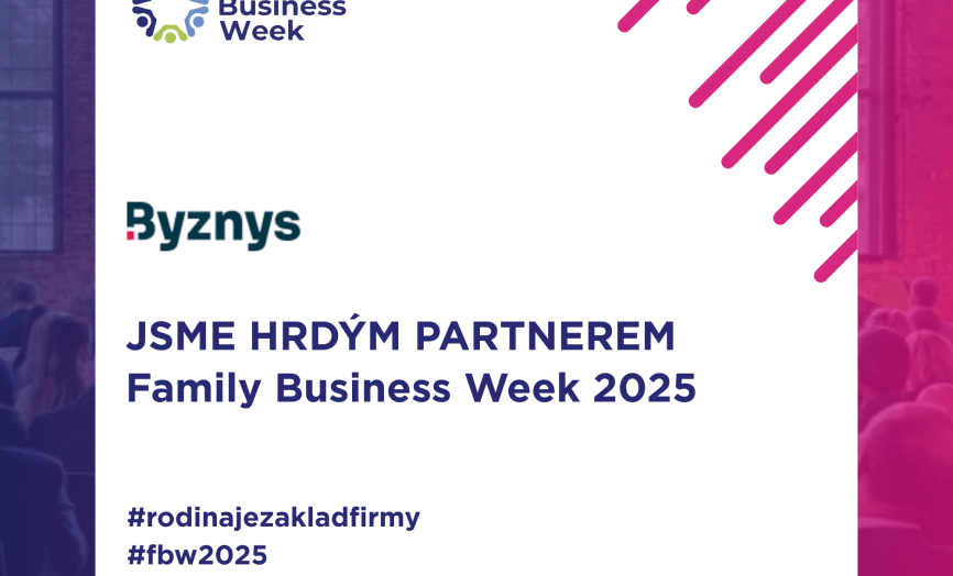 Grafický banner s logem Family Business Week a textem „Jsme hrdým partnerem Family Business Week 2025“; doplňují ho hashtagy #rodinajezakladfirmy a #fbw2025 na fialovém pozadí se siluetami účastníků konference.