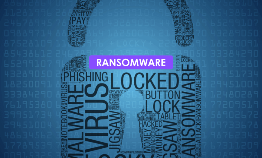 Grafický symbol visacího zámku složený z klíčových slov jako Ransomware, Malware, Virus a Phishing na modrém pozadí s digitálními kódy.