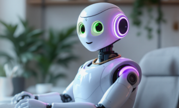 Robot s modrýma očima stojící u počítače v moderní kanceláři s rostlinami