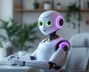 Robot s modrýma očima stojící u počítače v moderní kanceláři s rostlinami